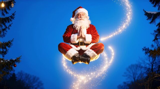 Santa claus levitating in lotus pose with closed eyes and folded hands above glowing ground on blue evening sky background in snowy forest, humorous mindful christmas concept