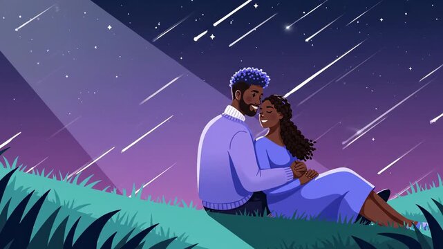 Animated african american couple enjoying meteor shower outdoors on grassy hill cartoon style ideal for valentines day greetings