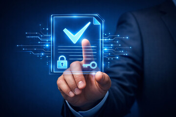 Fototapeta premium Businessman Touching Digital Smart Contract with Lock and Key Security Symbols