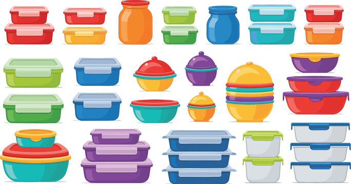 Colorful Food Storage Containers and Kitchen Bowl Vector Icon Set Featuring Plastic Lunch Boxes Jars Meal Prep Containers and Kitchen Organization Illustration