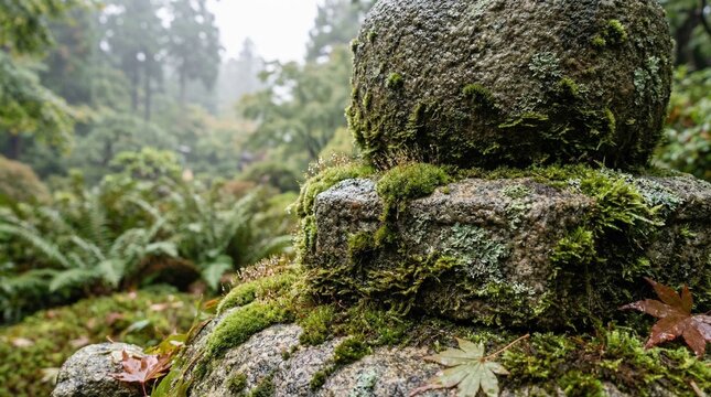 Mossy Stone Cairn in Misty Forest