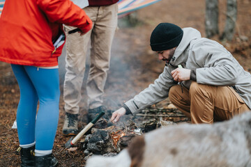 A group of friends lights and tends a small campfire beside their campsite. The outdoor scene shows companions preparing fire in a wooded mountain area while dressed for cold weather.