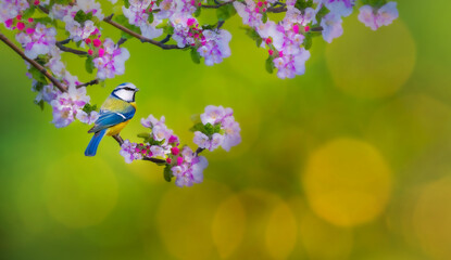Cheerful creatures of nature, lovely birds. Colorful natural background. © serkanmutan