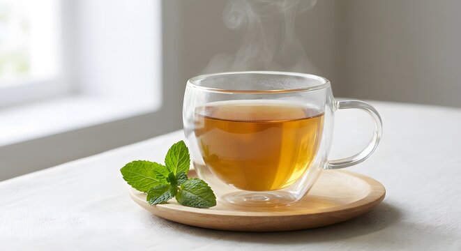 Hot Mint Tea in Double Walled Glass Cup with Steam on Wooden Saucer