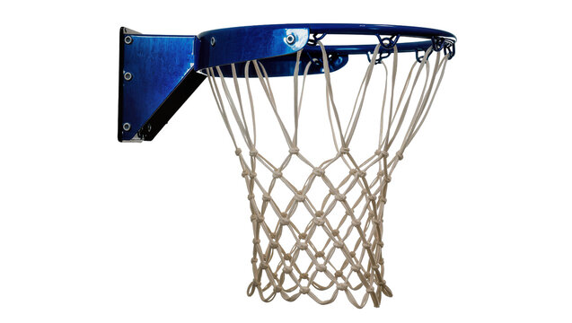 Isolated blue basketball hoop with net and wall mounting bracket, essential sports equipment