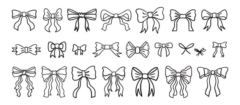 Various doodle bows Set. Bow knots, tie ups, gift ribbons, . Hand Bow Gift bows, doodle style. Festive decoration, invitation elements, packaging, wedding design