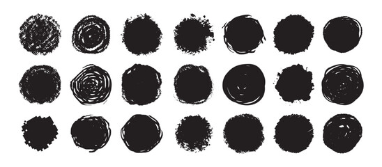 Round grunge scratch and textured ink brush strokes set. isolated vector black Collection. Dirty expressive hand drawn inky stains and blobs