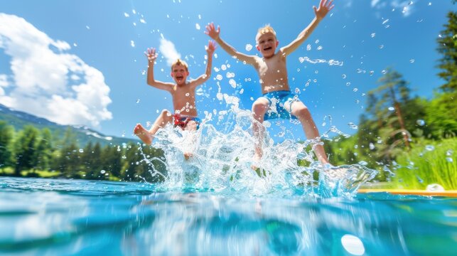 Two Happy Boys Jumping into Lake with Water Splash, Kids Summer Vacation Outdoor Activities and Healthy Lifestyle Concept