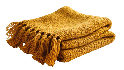 Isolated beautifully folded mustard yellow knitted blanket with decorative tassels, cozy home textile © Sindre