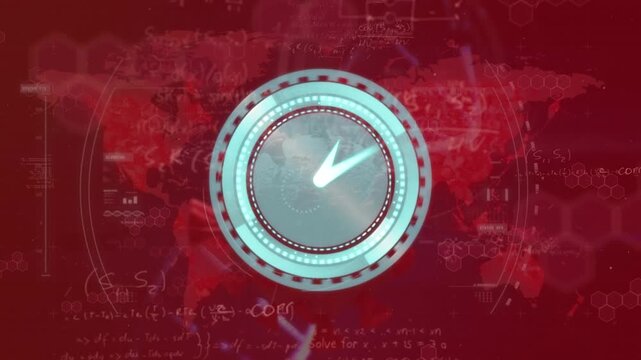 Animation of clock moving fast over globe with numbers on purple background