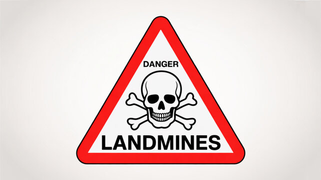 Warning sign for landmines with skull and crossbones on white background