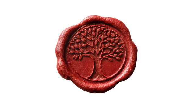 Isolated traditional red wax seal with embossed tree of life symbol on an important document