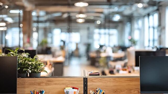 Blurred modern open-plan office interior with empty workstations and bright