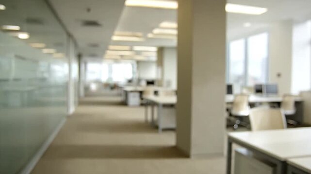 Blurred modern office interior with empty desks and chairs ready for work