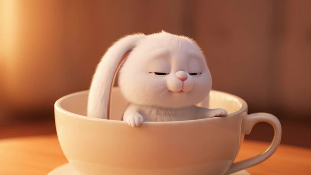 Cute and sleepy cartoon rabbit in a coffee cup animated still life video for children or relaxing content