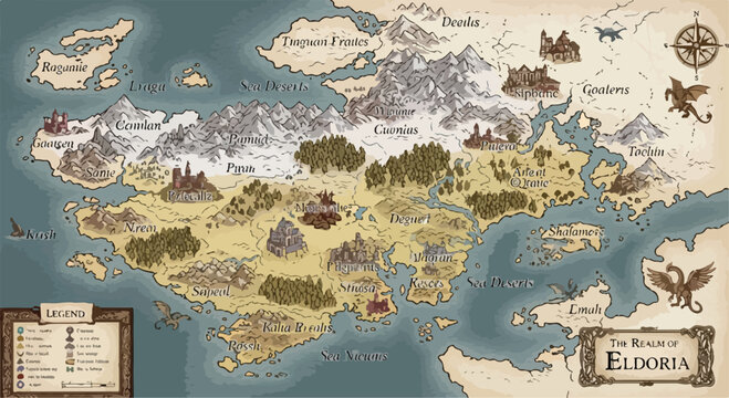 Fantasy map of Eldoria with mythical creatures, castles, forests, mountains, and oceans, ideal for game design or book illustrations