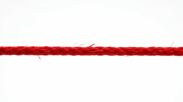 Red rope under immense tension symbolizing a business crisis, project deadline, or weak link. Illustrates risk management, stress, vulnerability, and impending failure.