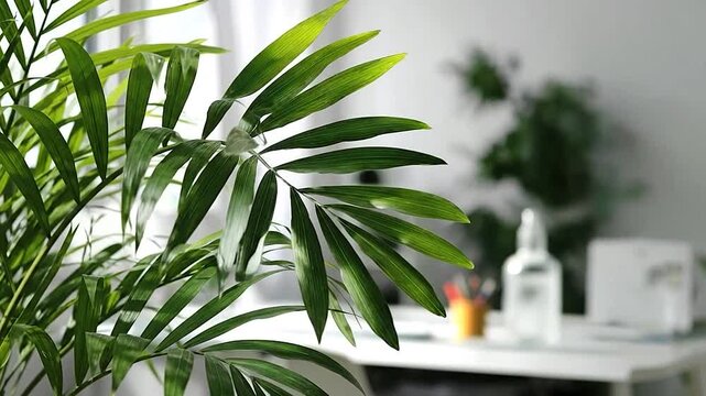 Green houseplant leaves are illuminated by bright sunlight indoors