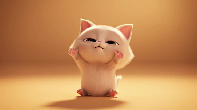 Adorable animated kitten raising paws on a neutral background perfect for childrens content or whimsical projects featuring cute animals and heartwarming visuals