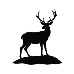 Fototapeta premium Black and white silhouette of a majestic deer standing on a hill, vector illustration design, deer silhouetted on hilltop silhouette vector illustration