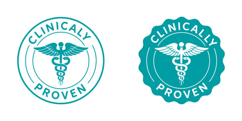 Clinically proven badge set, teal medical caduceus symbols, healthcare quality certification labels, pharmacy and hospital icons, isolated vector design