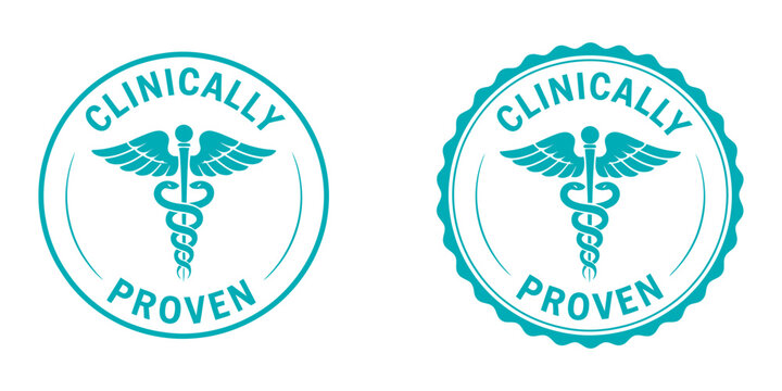 Clinically proven medical badges set, teal caduceus symbol icons, healthcare certification labels, pharmaceutical quality seals, isolated vector illustration