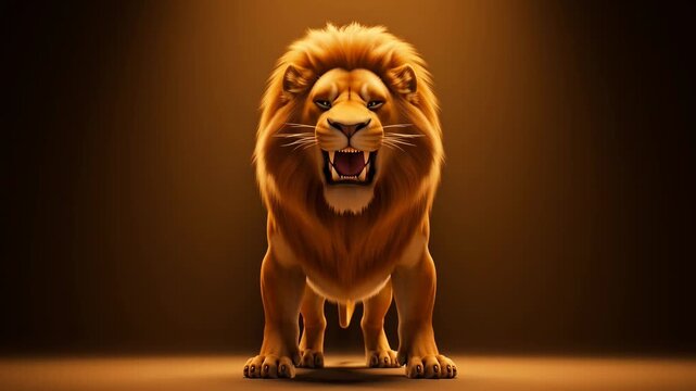 Front view of an angry lion animation showing teeth in a brown studio setting,majestic feline character ready to pounce
