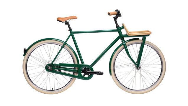 Isolated classic green city bicycle with a front wooden rack and vintage cream tires