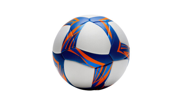 Isolated modern soccer ball with vibrant blue and orange panels, professional sports equipment