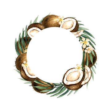 Coconut wreath with coco fruit, tropical greenery, white flowers. Template with copy space. Watercolor frame, hand drawn illustration with exotic blossom, leaves isolated from background for design