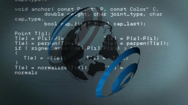 Rotating globe and code animation over programming script in tech background