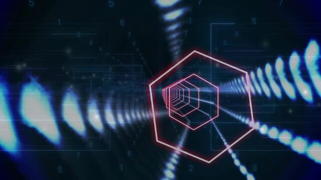 In animation, glowing lines and numbers creating futuristic digital effect in tunnel