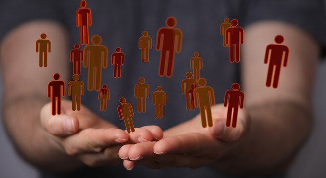 Hands cupping abstract people icons, representing community, network, support, and connection. Perfect for business, soc