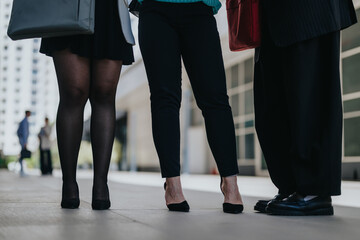 Fototapeta premium Three business colleagues stand together showing lower legs and footwear in an urban office plaza. Close-up of their legs and shoes during a brief outdoor meeting outside corporate buildings.
