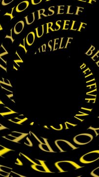 Seamless loop animation of motivational text Believe In Yourself forming a circular frame for a logo reveal on a black background