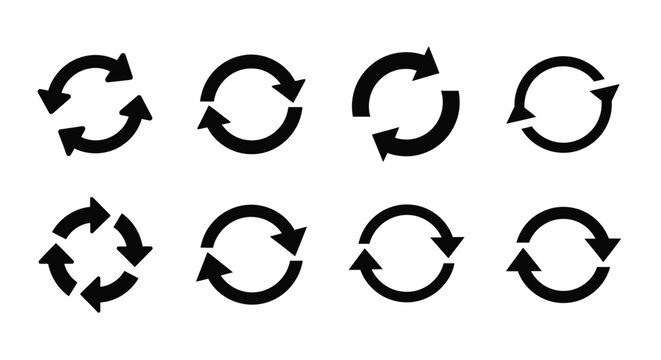 Collection of black circular arrows depicting rotation and cyclical processes