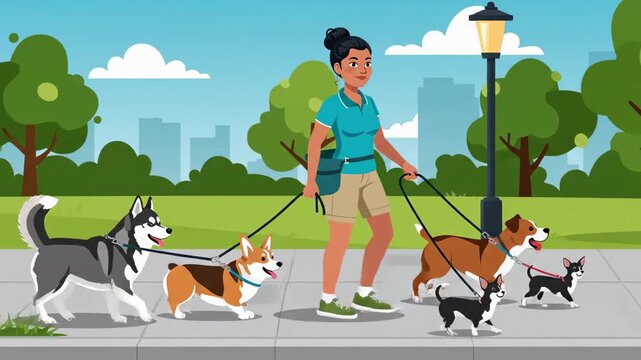 Animated woman dog walker professionally walking dogs in the park with happy huskies,corgi,and chihuahua breeds on a sunny day
