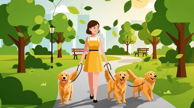 Animated woman walks golden retrievers in park sunny day leisure cartoon style illustration healthy lifestyle pet ownership