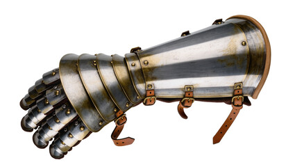 Isolated medieval knight gauntlet, a detailed historical metal armor glove with leather straps.
