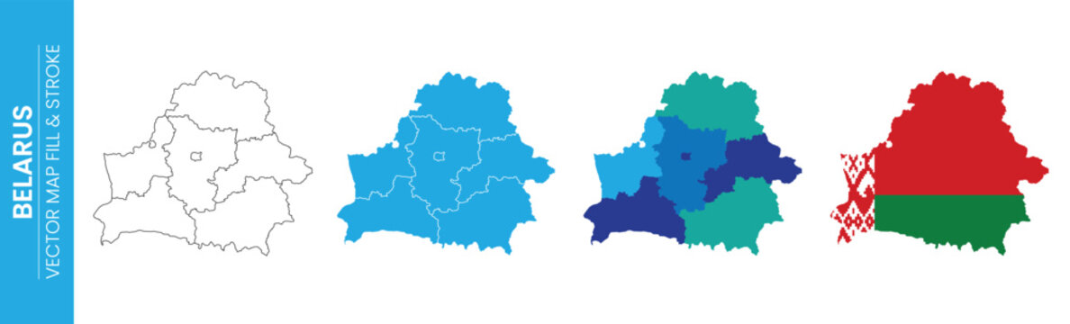 Four distinct views of Belarus are presented on a white background. The first shows a political map outline, followed by a solid blue fill, a multicolor regional fill, and finally the country filled w