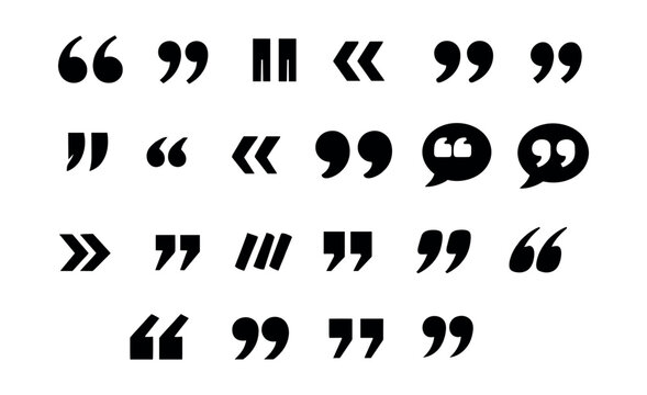 Collection of various black quotation marks and speech bubble typographic symbols on a white background, useful for text citation