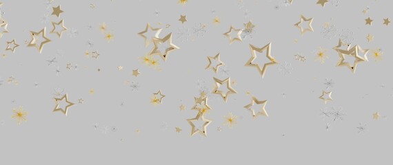 Fototapeta premium Abstract image of gold stars and snowflakes floating on a soft gray background, suitable for Christ