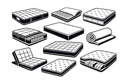 Mattresses and mattress toppers vector set featuring various types, cutaways showing layers, rolled designs, and flexible options