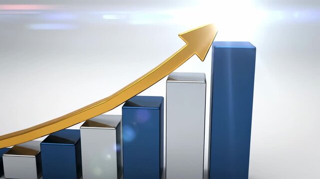 Business growth chart animation showing progress and success with increasing bar graph and golden arrow on white background
