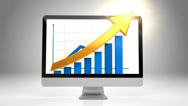 Business growth chart on computer screen showing financial success with golden arrow ascending representing positive economic trends