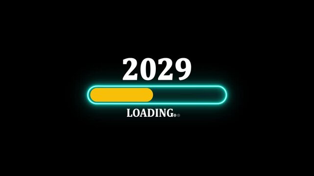 Happy New Year 2029 loading progress bar animation with glowing neon effect on black background, futuristic digital countdown and celebration concept video for coming soon 2029.