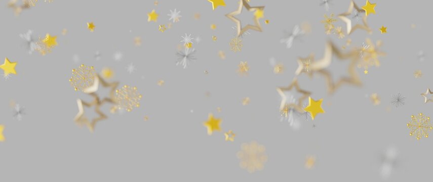 Festive abstract background with gold and silver stars and snowflakes. Perfect for Christmas, New Y