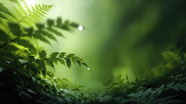 Close-up of fresh green fern leaves with water droplets under soft sunlight.