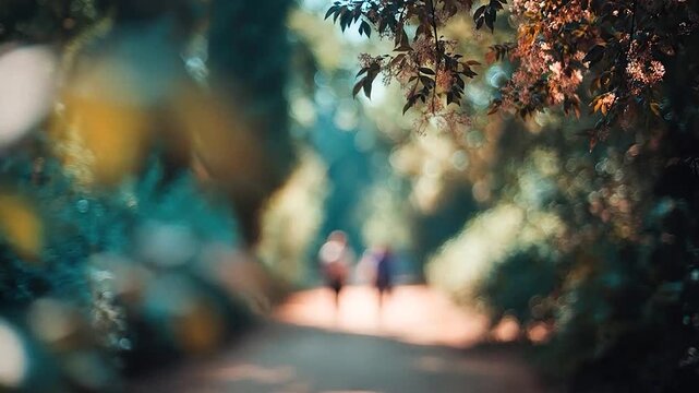 Blurred natural park path with distant walking figures and beautiful bokeh