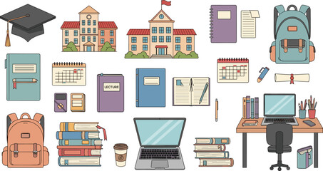 Fototapeta premium Education and School Supplies Icon Set Featuring Backpack Books Laptop Notebook Calendar Diploma and Study Desk Objects for Learning and Academic Illustration Collection